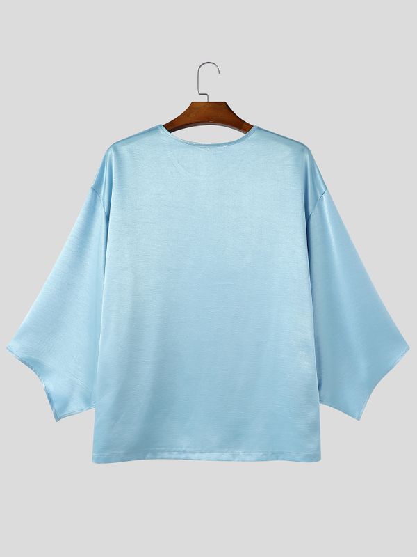Men's Romantic Avant-Garde High-Shine Satin Kimono-Sleeve Flowy T-shirt SKUL80552