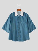 Men's Vintage Americana Contrast Camp Collar Pinstripe Short Sleeve Shirt SKUL58710