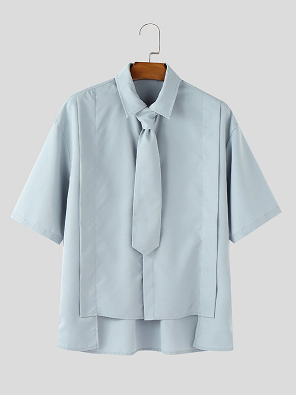Mens Asymmetrical Hem Tie Short Sleeve Shirt SKUL11380