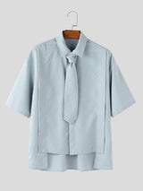Mens Asymmetrical Hem Tie Short Sleeve Shirt SKUL11380