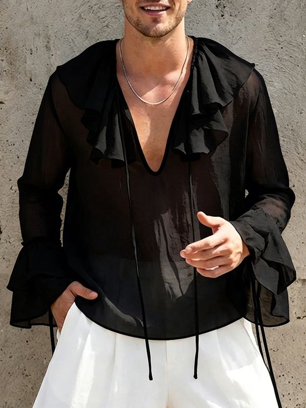 Men's Solid Color Semi Sheer Ruffle Collar Long Sleeve Shirt SKUL52527
