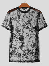 Mens Floral Jacquard Mesh See Through T-Shirt SKUK45293