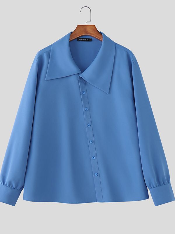 Men's Solid Color Asymmetrical Lapel Long Sleeve Shirt SKUL45983