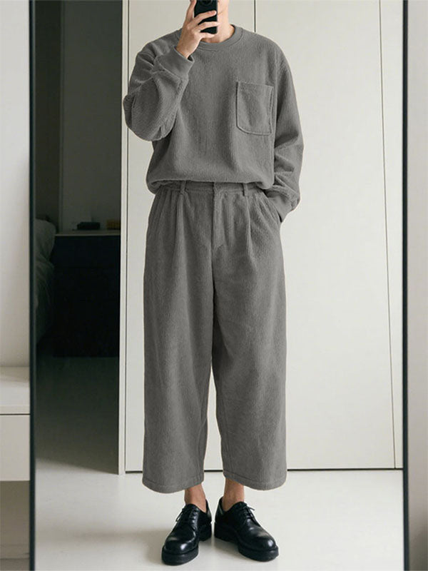 Men's Corduroy Crew Neck Casual Two Pieces Outfit SKUL27348