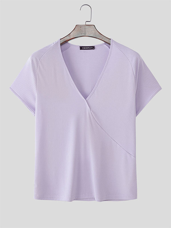 Mens Solid Color Textured Deep V-Neck Short Sleeve T-Shirt SKUL16866