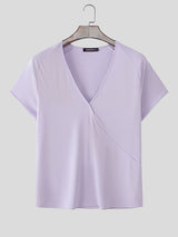 Mens Solid Color Textured Deep V-Neck Short Sleeve T-Shirt SKUL16866