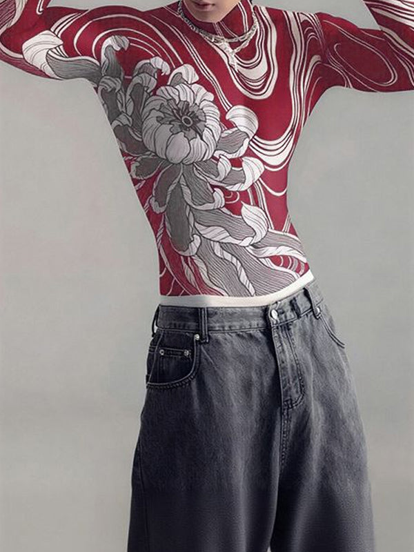 Men's Floral Tattoo Print High Neck Long Sleeve T-shirt SKUL45282