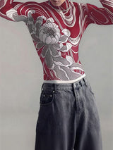 Men's Floral Tattoo Print High Neck Long Sleeve T-shirt SKUL45282