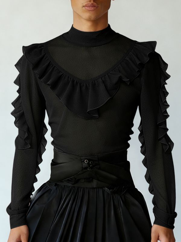 Men's Solid Color Ruffle Bib Long Sleeve T-shirt SKUL46244