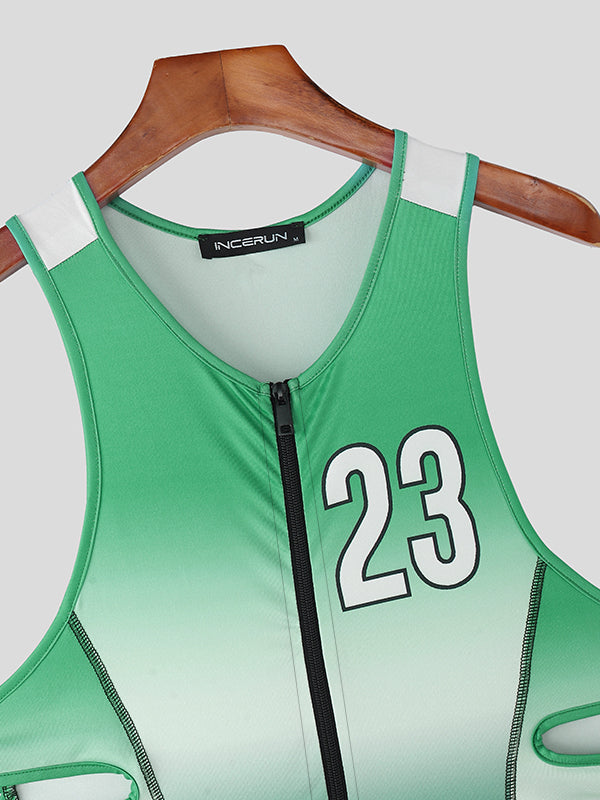 Men's Number Gradient Print Side Hollow Bodysuit SKUL17916