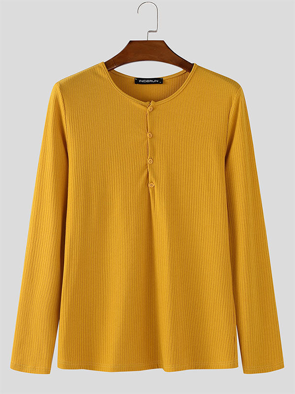 Men's Solid Texture Ribbed Long Sleeve T-Shirt SKUL29521