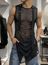 Men's Avant-Garde Sheer Mesh Asymmetrical Longline Tank SKUL71424
