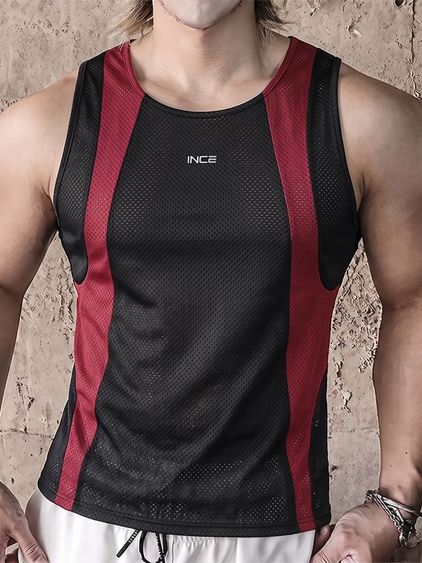 Men's Athletic Workout Contrast Color Breathable Mesh Crew Neck Fit Tank SKUL73593