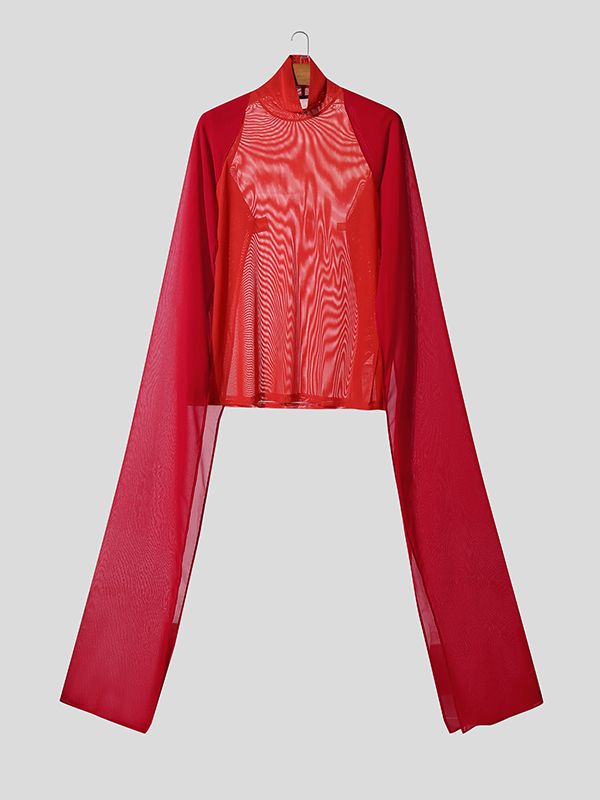 Men's Deconstructed Sheer Mesh Flap Long Sleeve T-Shirt SKUL37628