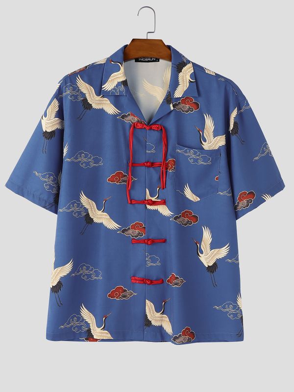 Men's Chinese Style Element Print Frog Button Short Sleeve Shirt SKUL56055