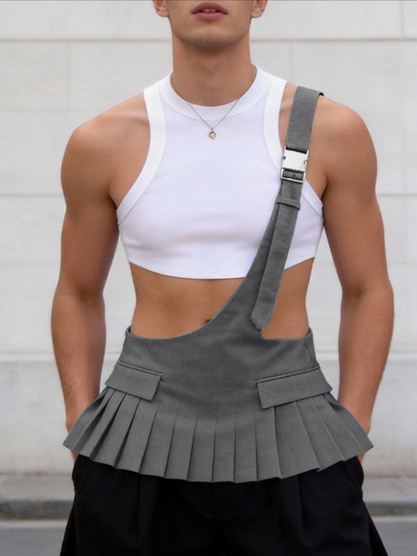 Men's Avant-Garde Asymmetric One-Shoulder Buckle Strap Pleated Peplum Skirt SKUL62715