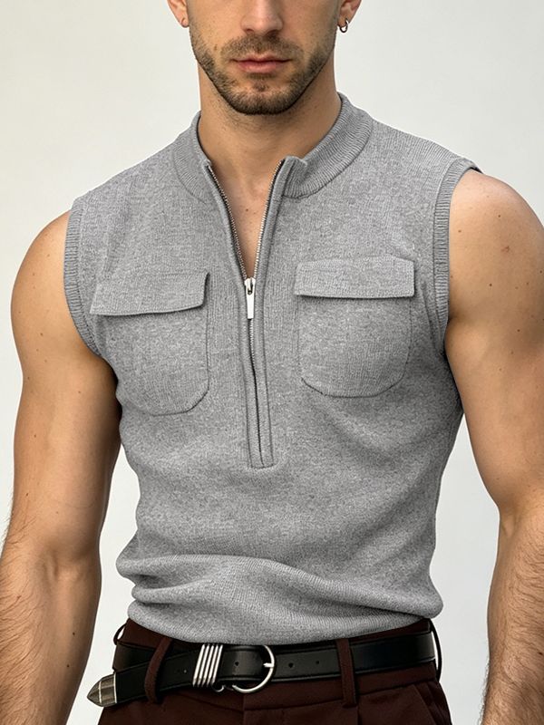 Men's Vintage Casual Half-Zip Knit Fitted Muscle Cargo Tank SKUL69703