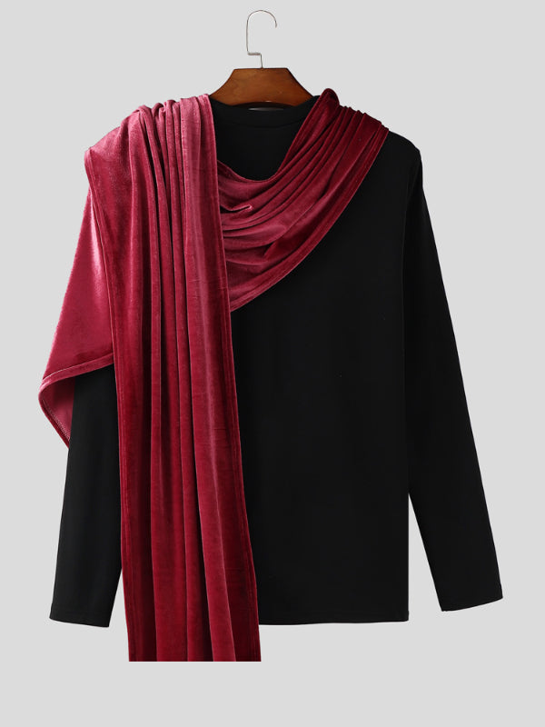 Men's Contrast Velvet Patchwork Long Sleeve T-Shirt SKUL29768