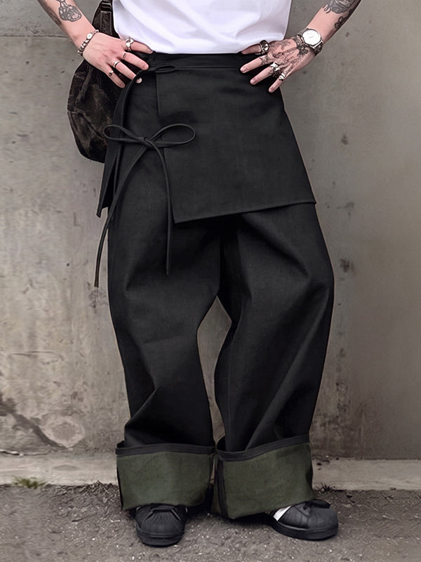 Men's Retro Party Ribbon Wrap Front Turn-Up Wide Cuff Loose Pant SKUL80624