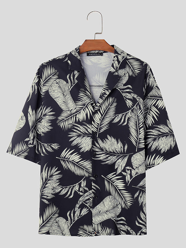 Mens Tropical Leaf Print Revere Collar Shirt SKUK46405