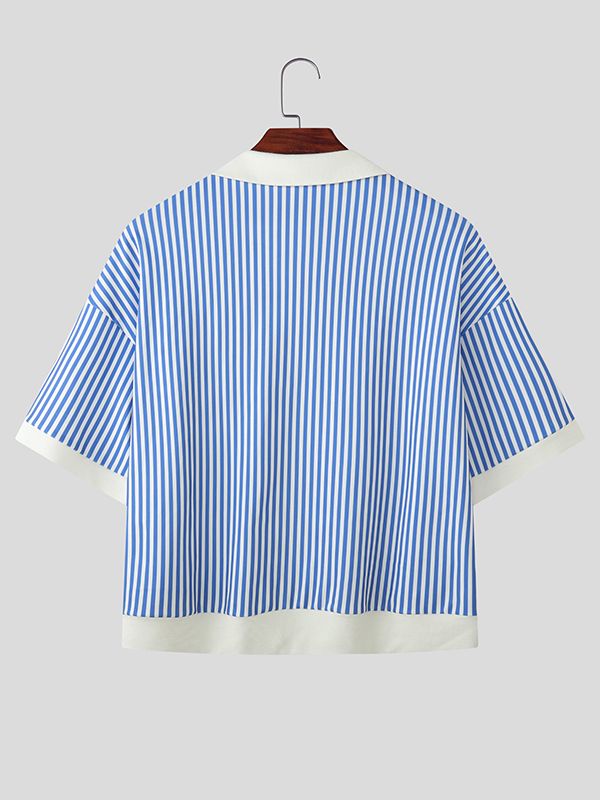 Men's Contrast Patchwork Striped Short Sleeve Shirt SKUL50764