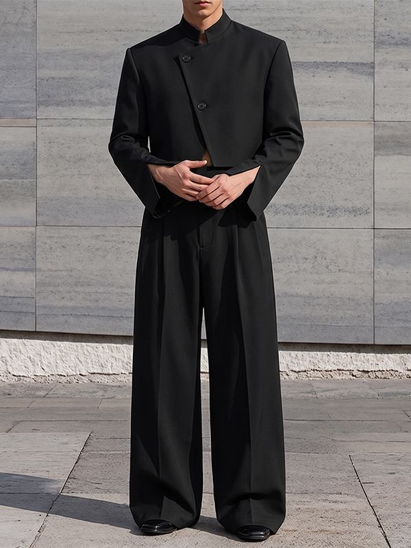 Men's Avant-Garde Deconstructed Stage Runway Asymmetric Slanted Button Cropped Two Pieces Outfit SKUL85939