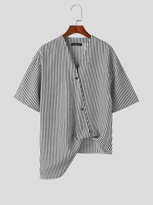 Mens Asymmetrical Front Striped Half Sleeve Shirt SKUK65898