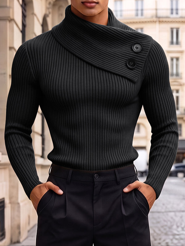 [Pre-order] Men's Clean-Fit Casual Daily Commute Wrap Turtleneck Double Button Ribbed Sweater SKUL89229
