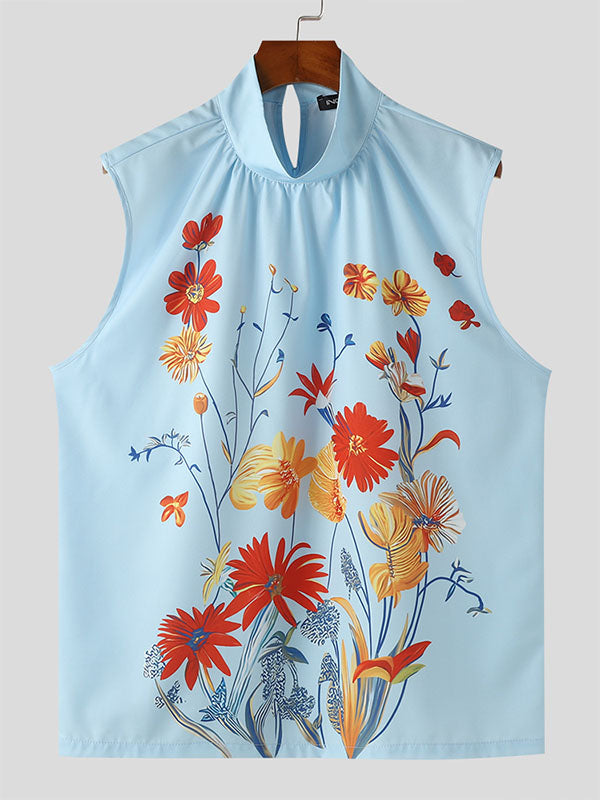 Mens Floral Print Mock Neck Sleeveless Tank SKUK64023