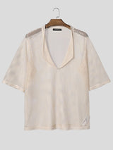 Men's Sheer Mesh Pocket Collar Half Sleeve T-shirt SKUL54681