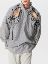 Mens Striped Cutout Drawstring Design Ruffle Neck Shirt SKUK43576