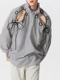 Mens Striped Cutout Drawstring Design Ruffle Neck Shirt SKUK43576