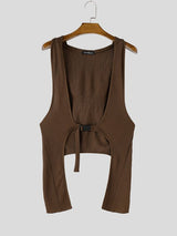 Men's Avant-Garde Pleated Hooded Deep Cutout Front Buckle Longline Tank SKUL64148