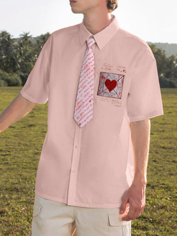 Men's Heart Print Colorblock Short Sleeve Shirt SKUL22250