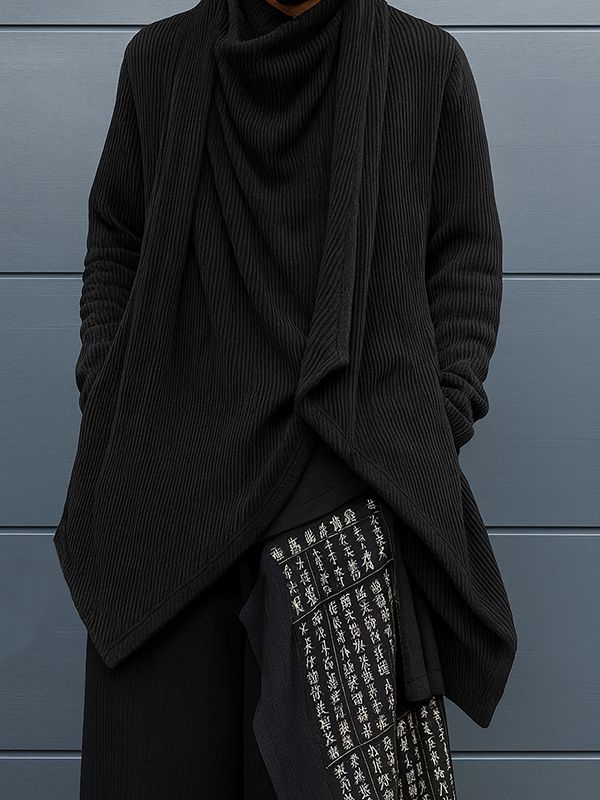 Men's Solid Ribbed Stacked Collar Long Sleeve Shirt SKUL32959