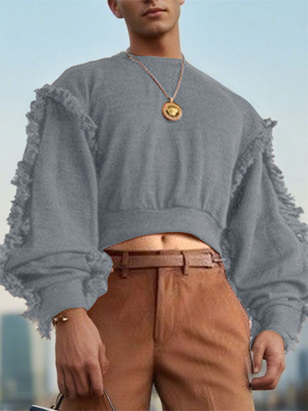 Men's Tassel Patchwork Cropped Long Sleeve Sweatshirt SKUL27424