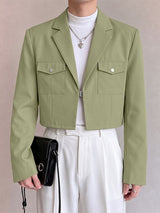 Men's Clean-Fit Minimalist City Walk Notch Lapel Metal Buckle Flap Pocket Cropped Blazer SKUL85231