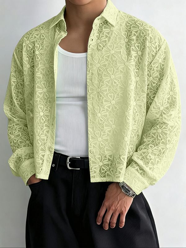 Men's Jacquard Textured Sheer Long Sleeve Shirt SKUL38886