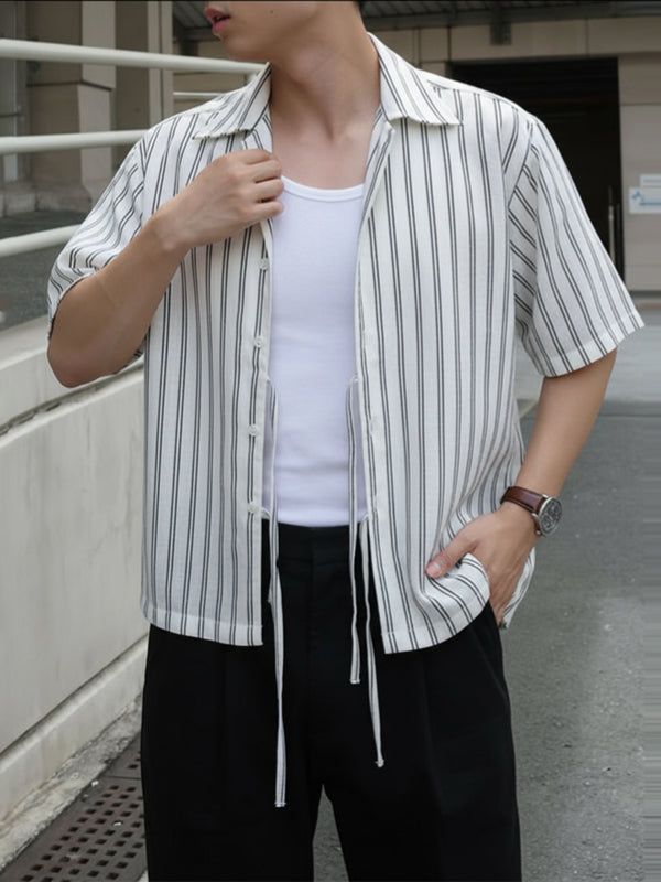 Men's Striped Drawstring Short Sleeve Shirt SKUL38937