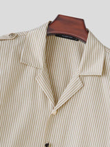 Men's Casual Holiday Striped Epaulet Crop Short Sleeve Shirt SKUL76409
