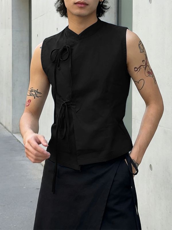 Men's Retro Oriental Style Mandarin Collar Tie-Front Asymmetrical Tank SKUL57075