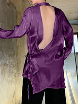 Mens Shiny Solid Color Backless Long Sleeve Shirt SKUK85545