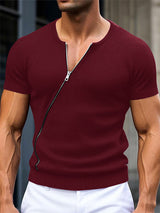 Mens Asymmetrical Zip Textured Short Sleeve T-Shirt SKUK99813