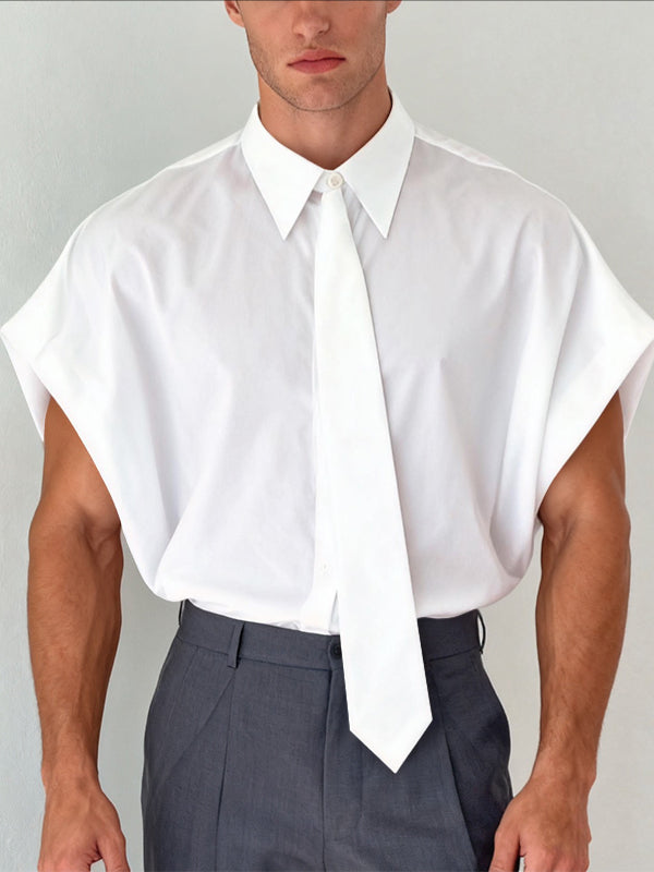Men's Solid Color Tie Batwing Sleeve Shirt SKUL42631