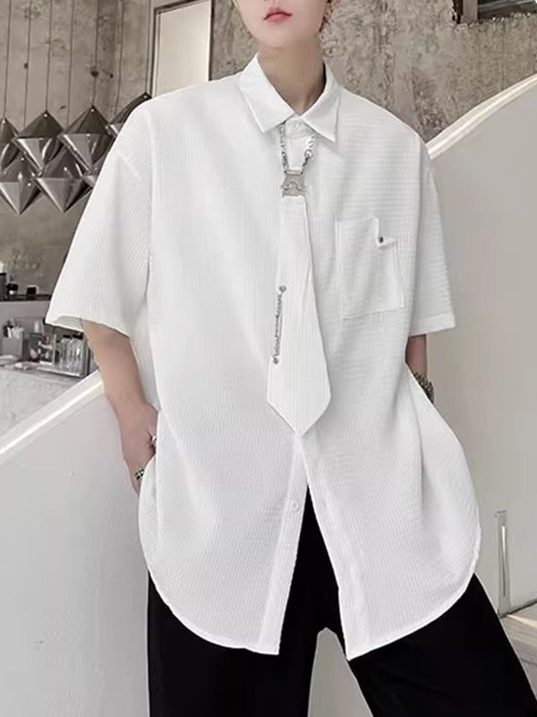 Men's Detachable Tie Textured Half Sleeve Shirt SKUL38896