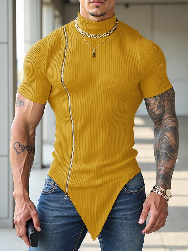 Men's Knit High Neck Zip Short Sleeve T-Shirt SKUL39883