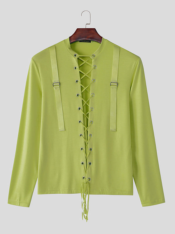 Mens Tie-Up Interwoven Hollow-Out Long Sleeve T-Shirt SKUK95749