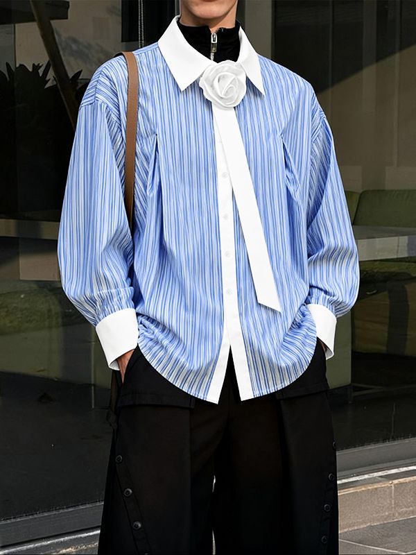 Men's 3D Floral Decoration Striped Long Sleeve Shirt SKUL48017