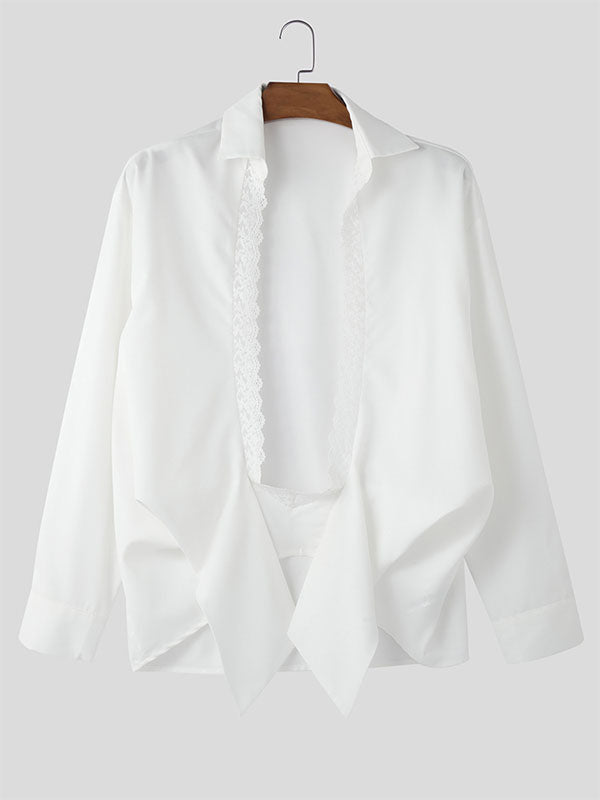 Mens Lace Patchwork Hollow-Out Long-Sleeve Shirt SKUK97045