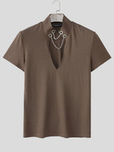 Mens Solid Color Textured Deep V Short Sleeve T-Shirt SKUL18934